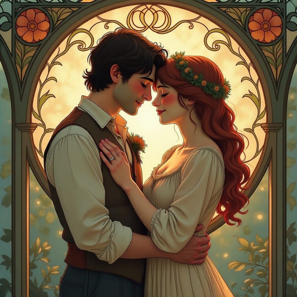 Romantic Couple Embrace in Art Nouveau Style