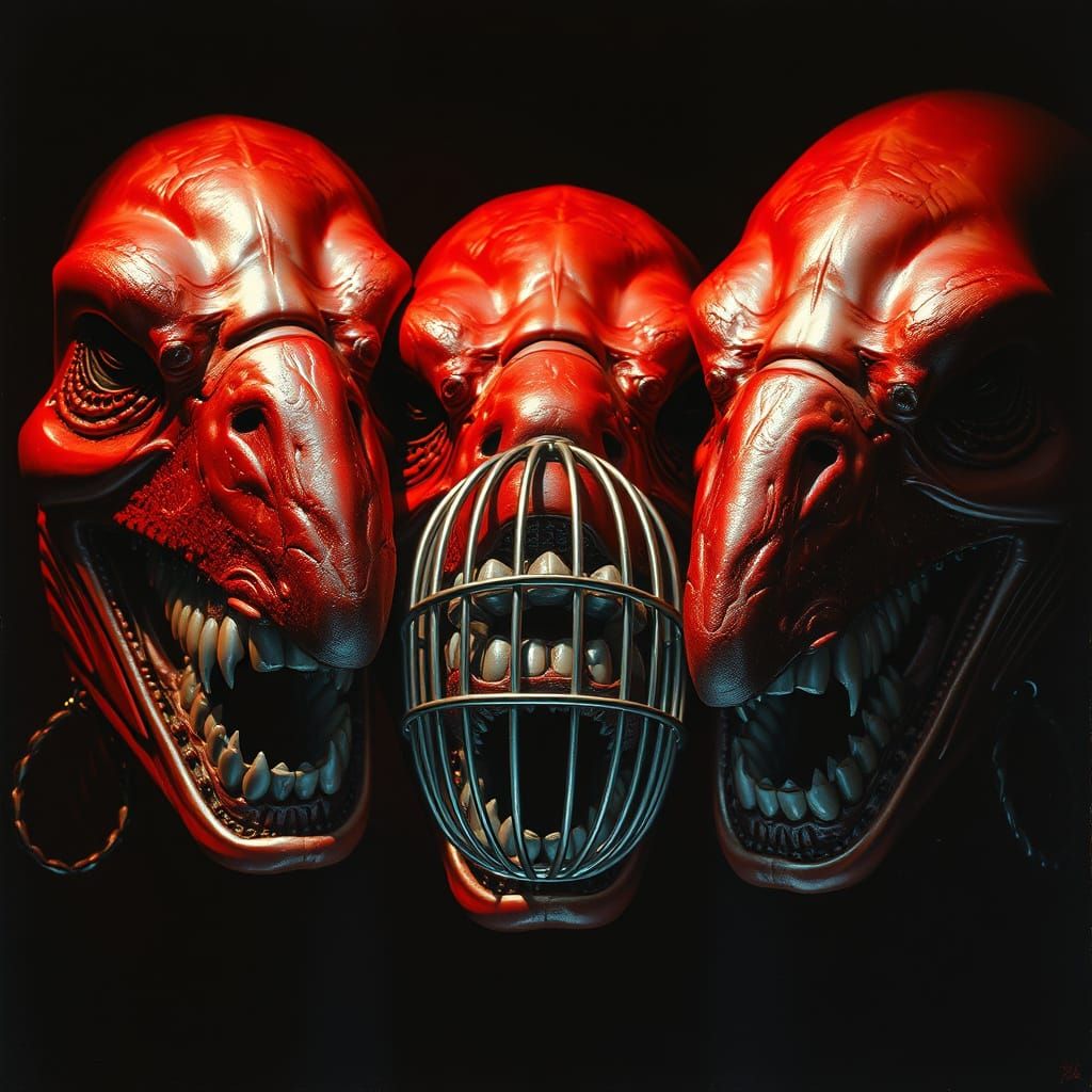 Surreal Heads With Caged Teeth in Red and Silver