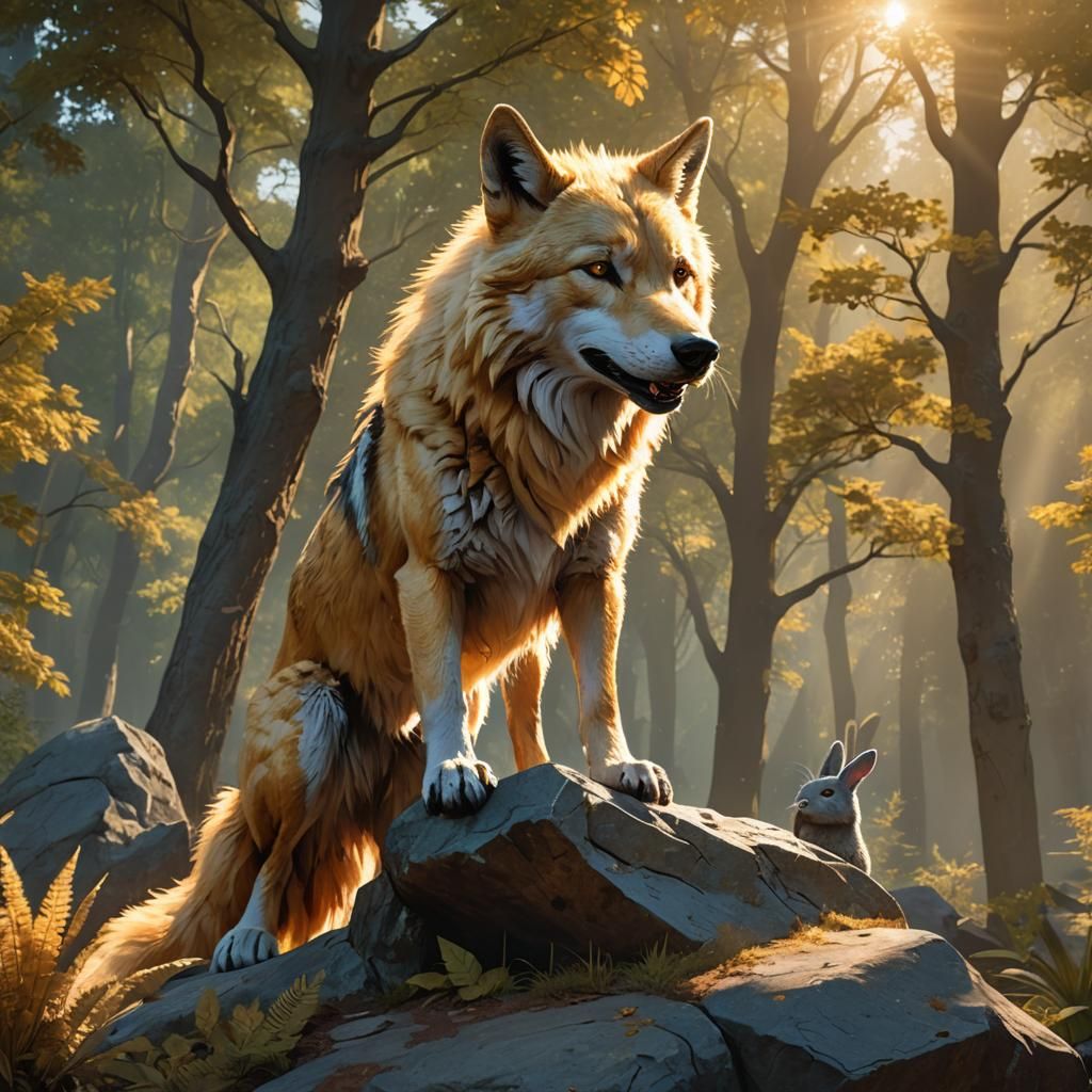 Golden Wolf with Prey in Fantasy Landscape