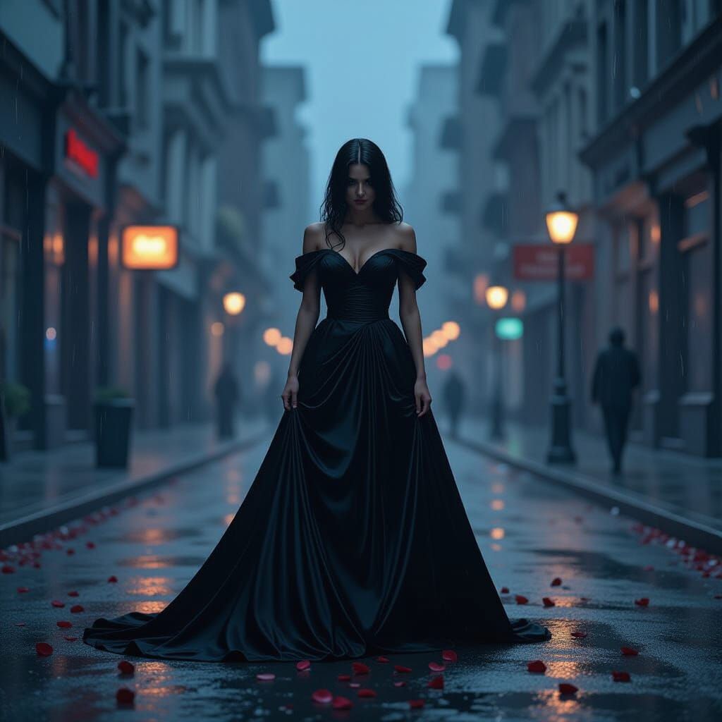 Sorrowful Woman in Rainy Cityscape