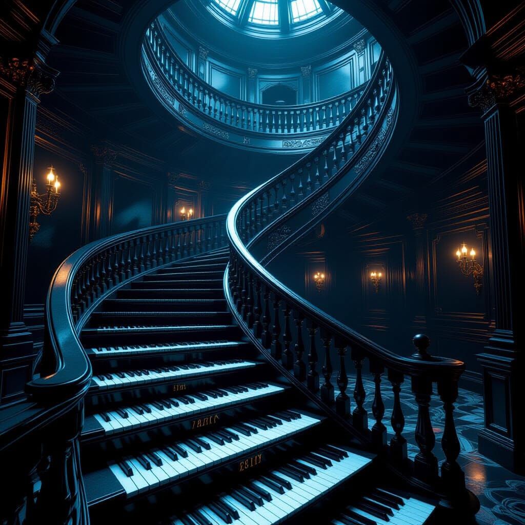 Piano Key Staircase Ascends in Epic Digital Painting