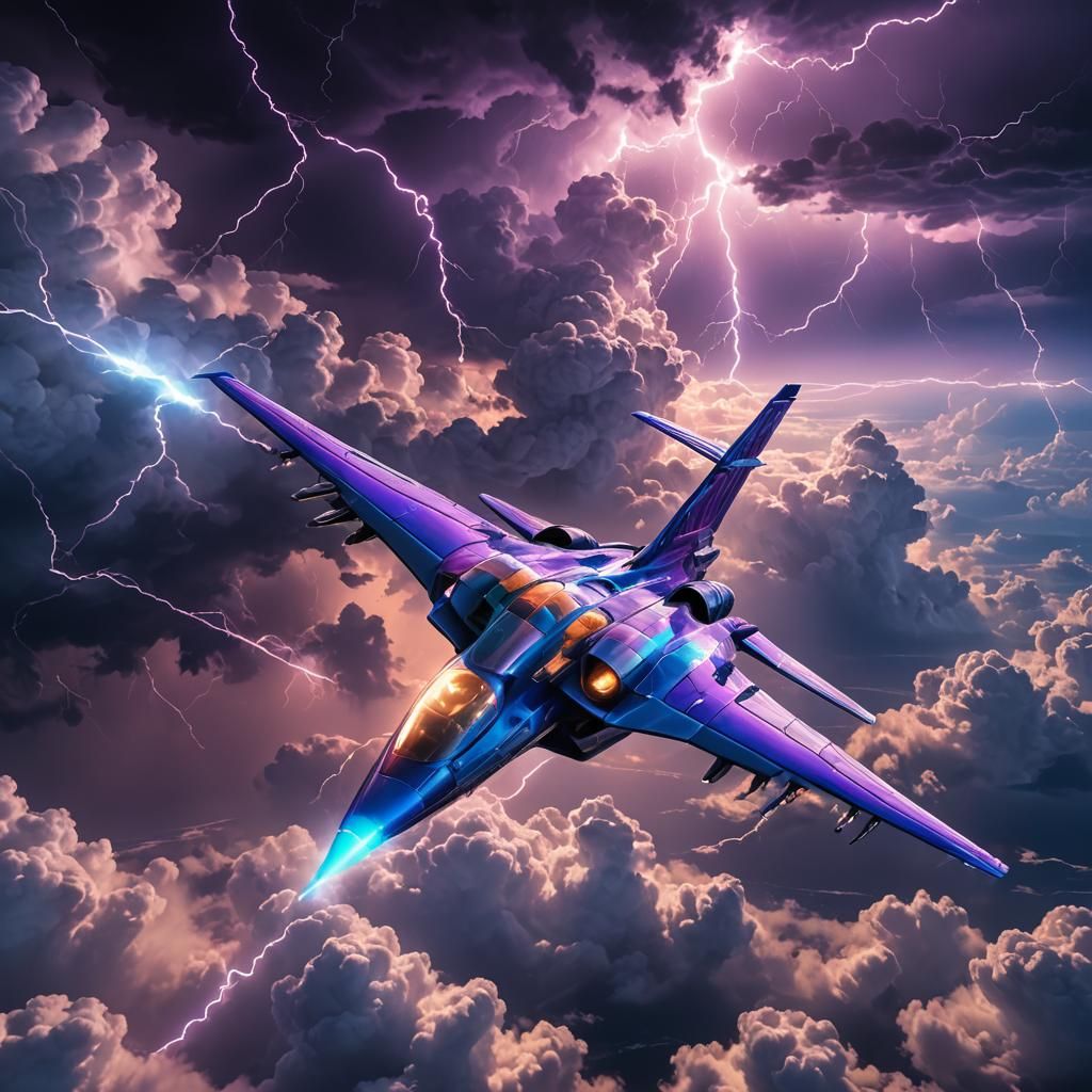 Invisible Jet Soaring Through Stormy Neon Sky