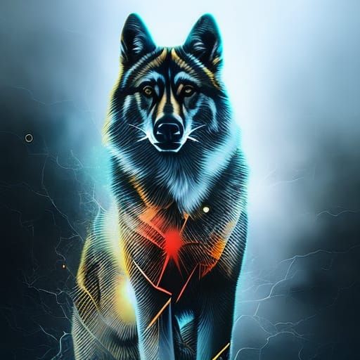 Furry Cyberpunk Dog Portrait with Golden Outlines