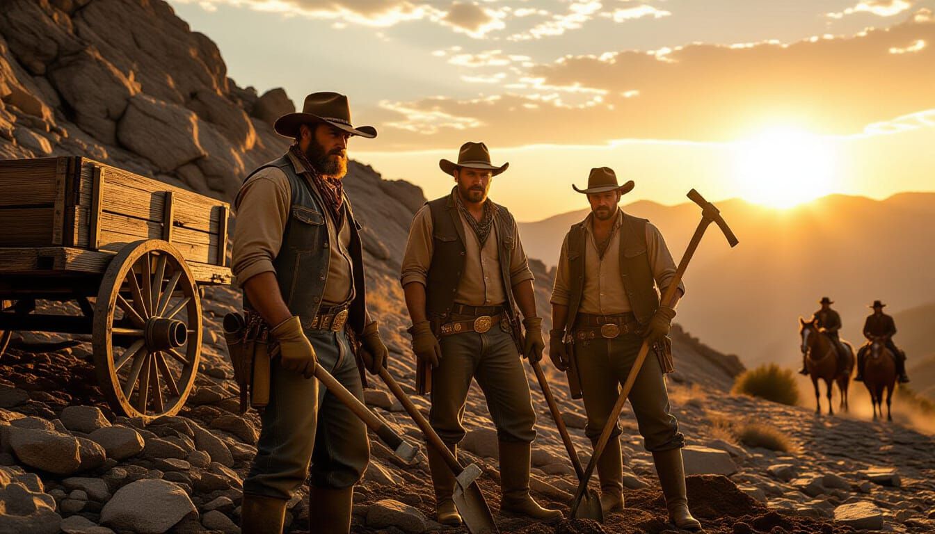 Cinematic Western Scene: Miners at Sunset