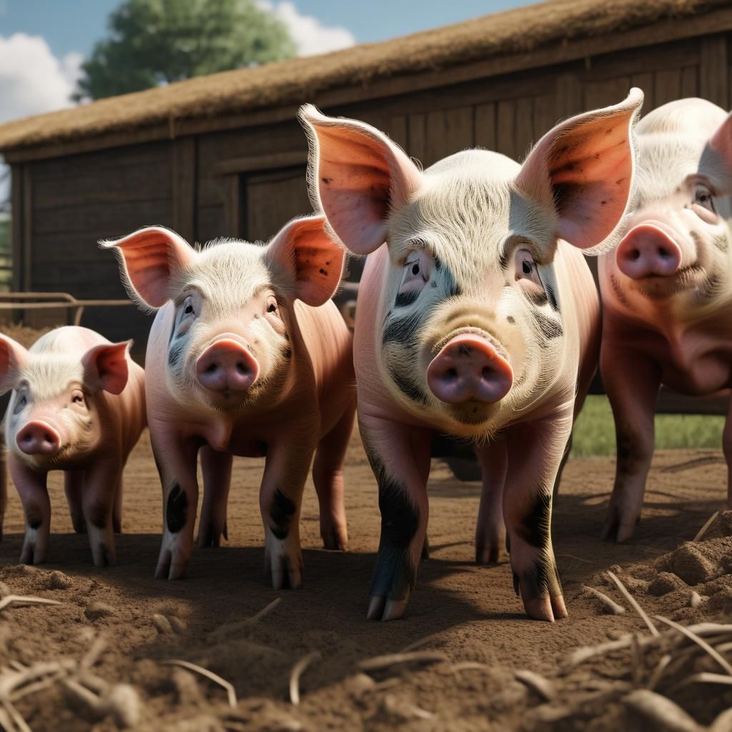 large pig and piglets on a farm hyperrealism 8K resolution hyperdetailed earth art