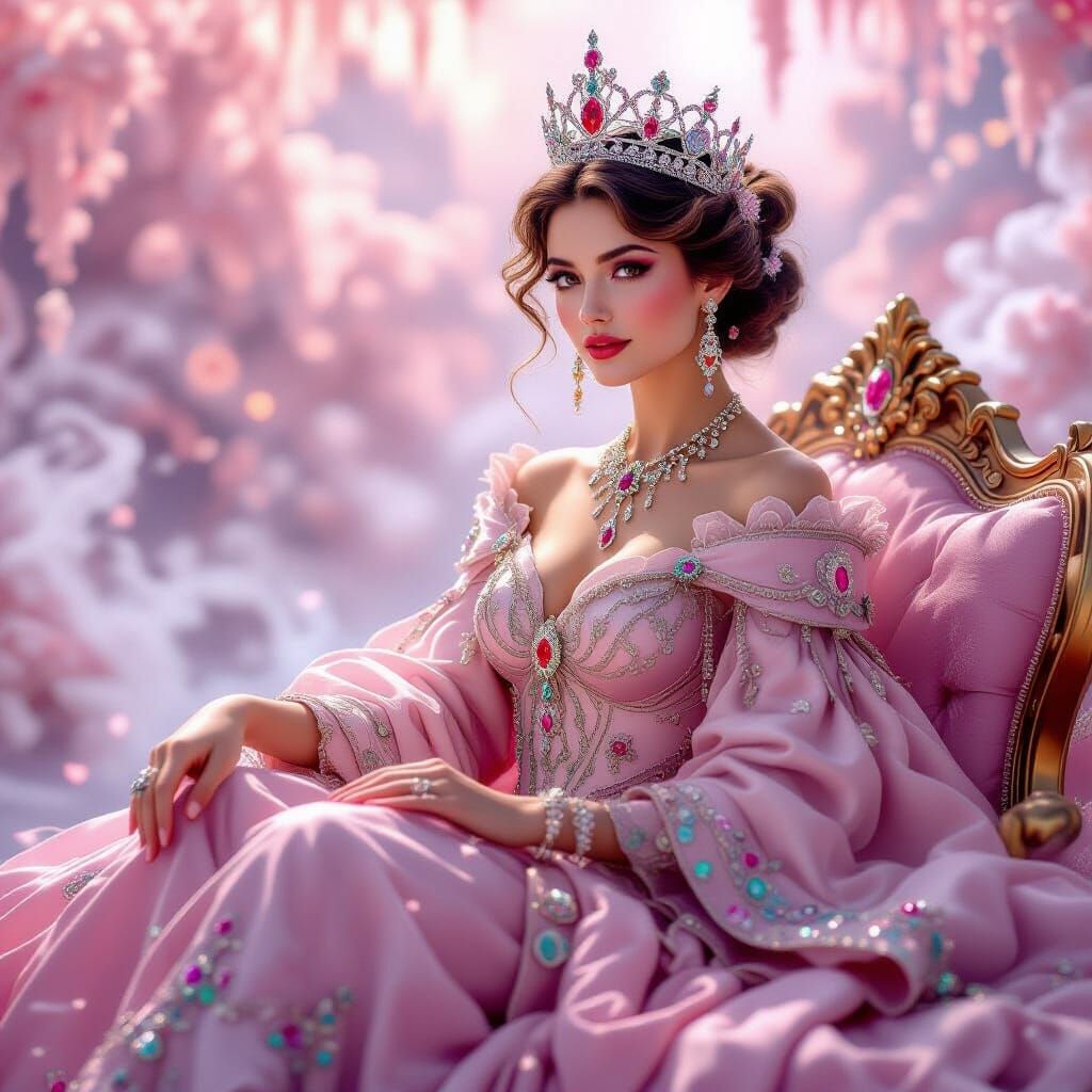 Pink Queen on Throne in Ethereal Mist