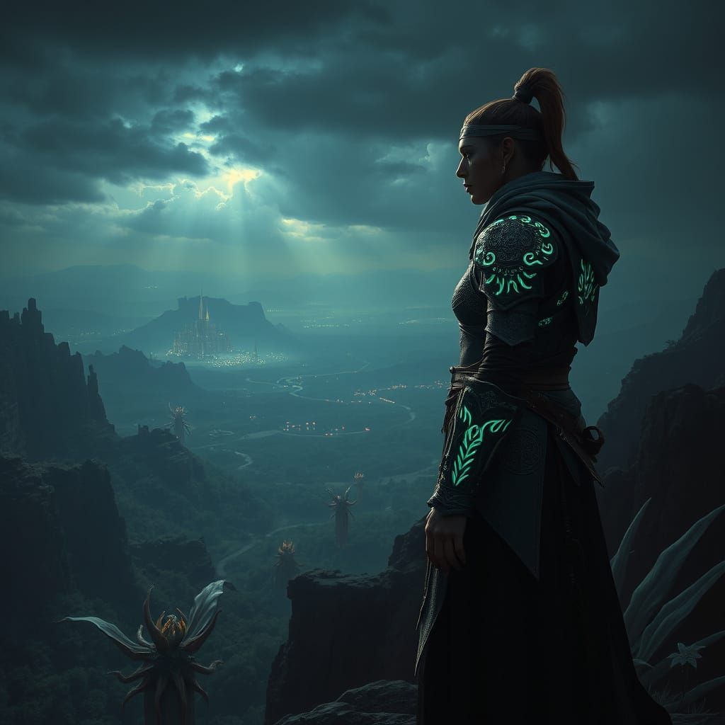 Stoic Warrior Overlooking Dark Fantasy Landscape