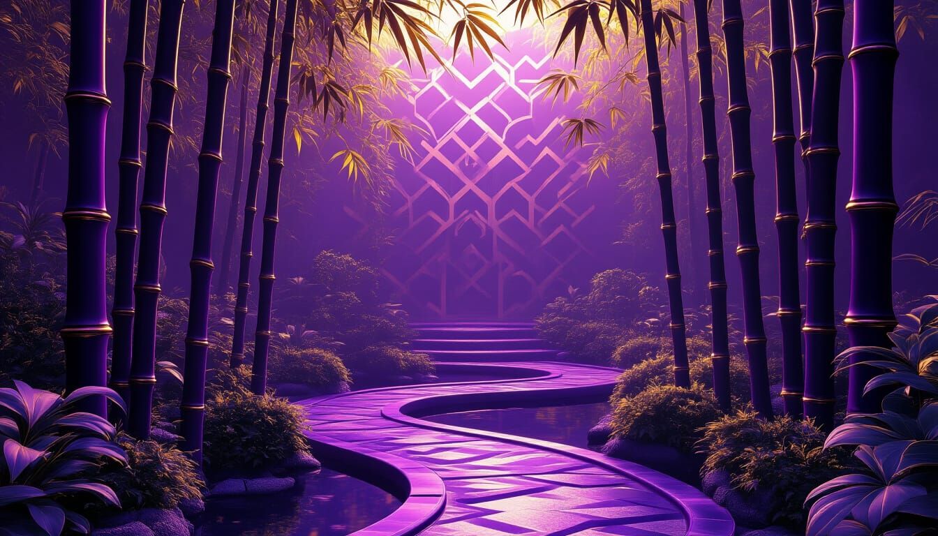 Baroque Bamboo Garden With Geometric Patterns in Purple and ...