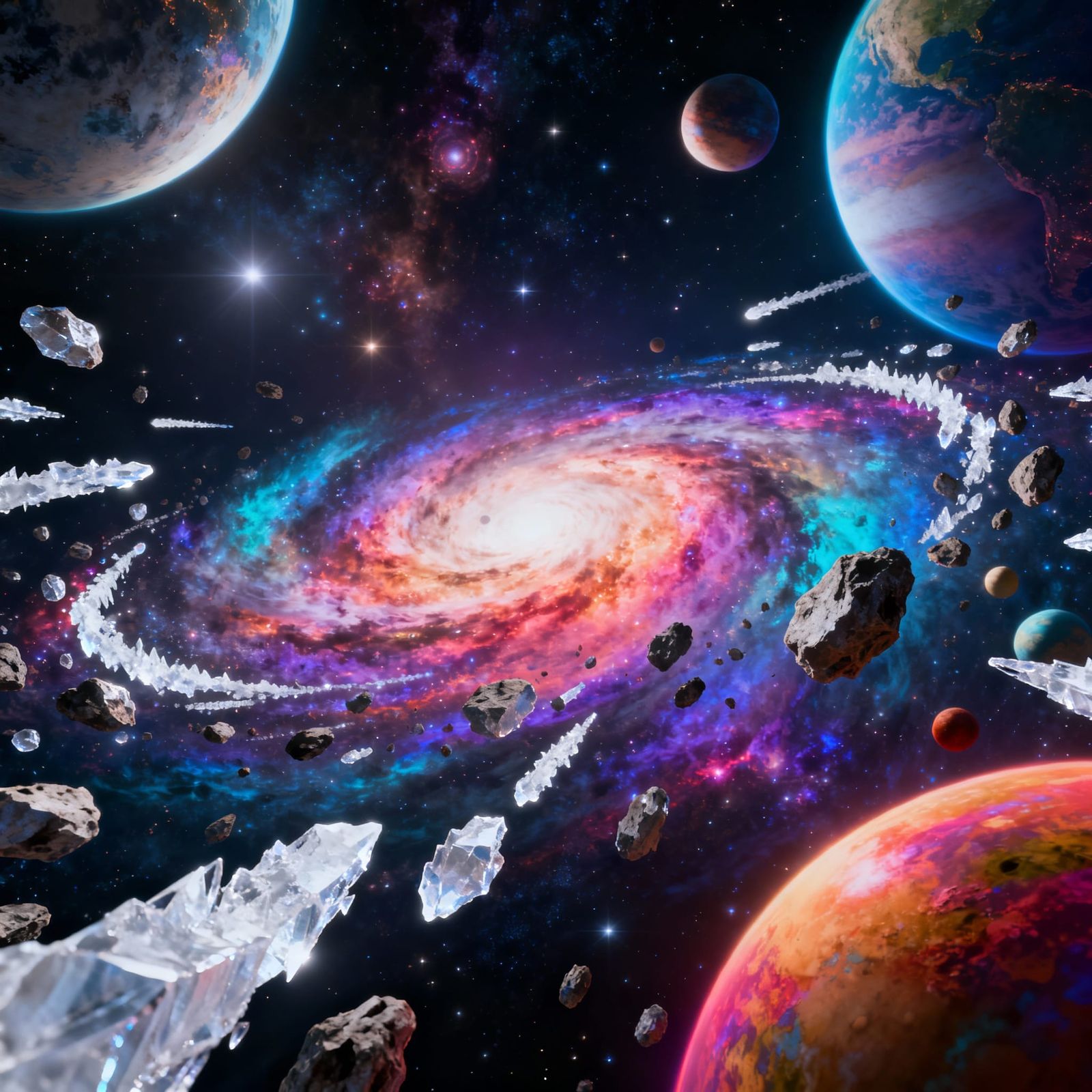 Vast Galaxy with Swirling Nebulae and Ice Asteroids in 3D