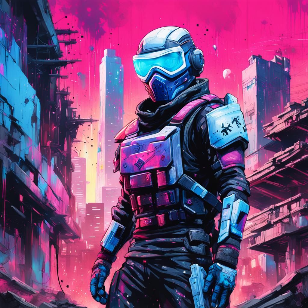Cyberpunk Ninja in Neon Cityscape Graffiti Art