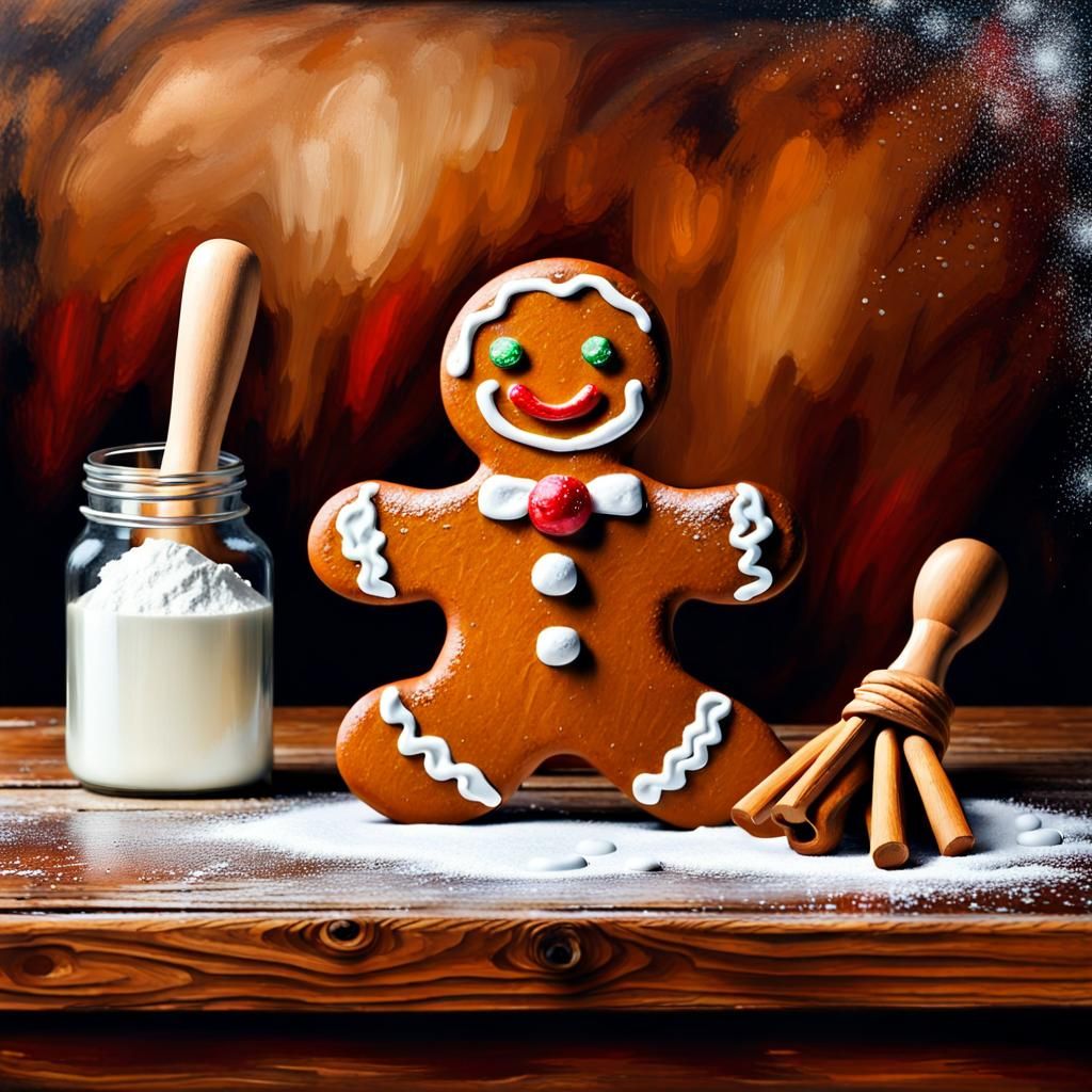 Gingerbread Man in Rustic Abstract Oil Painting