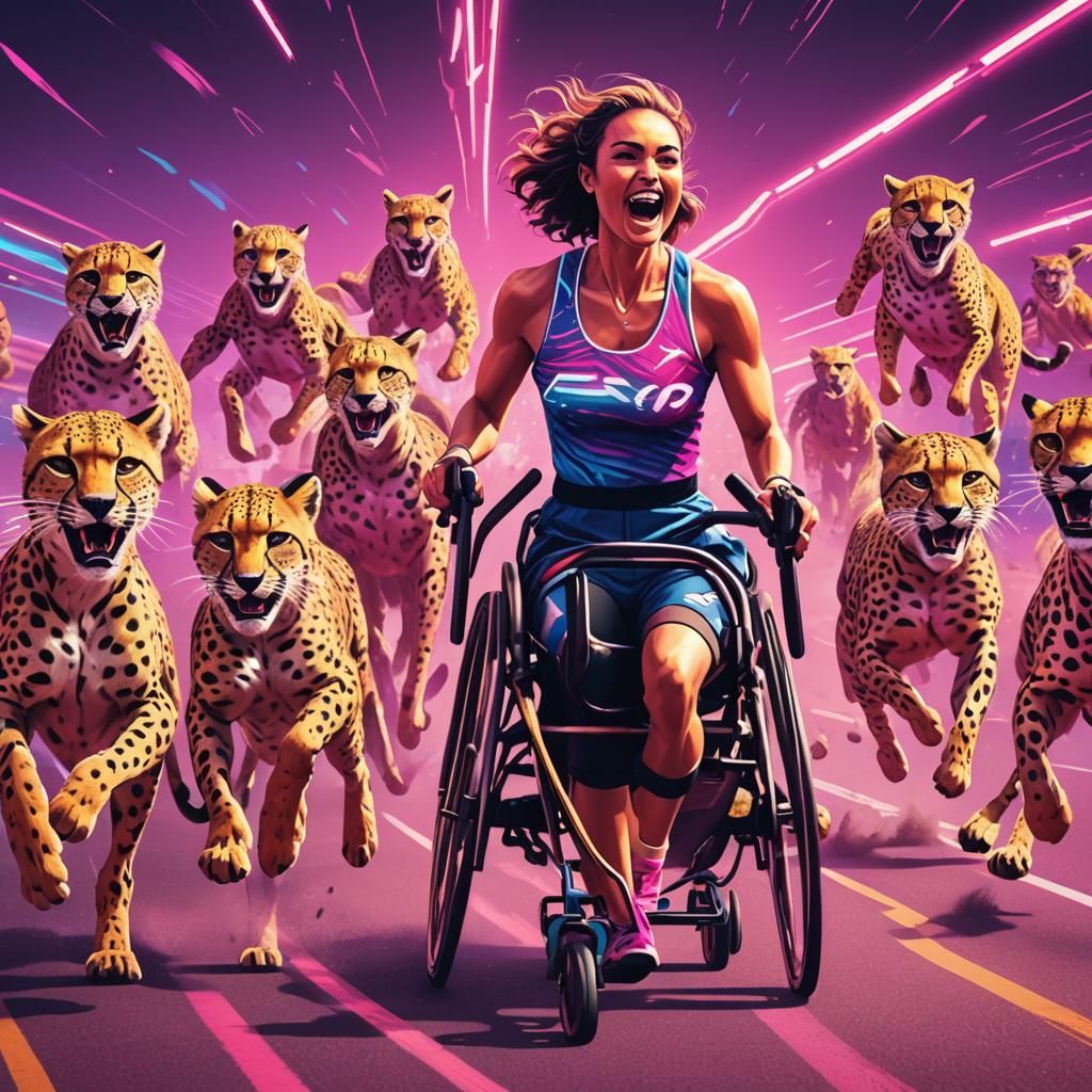 Woman Wins Wheelchair Race: Synthwave Neon Art