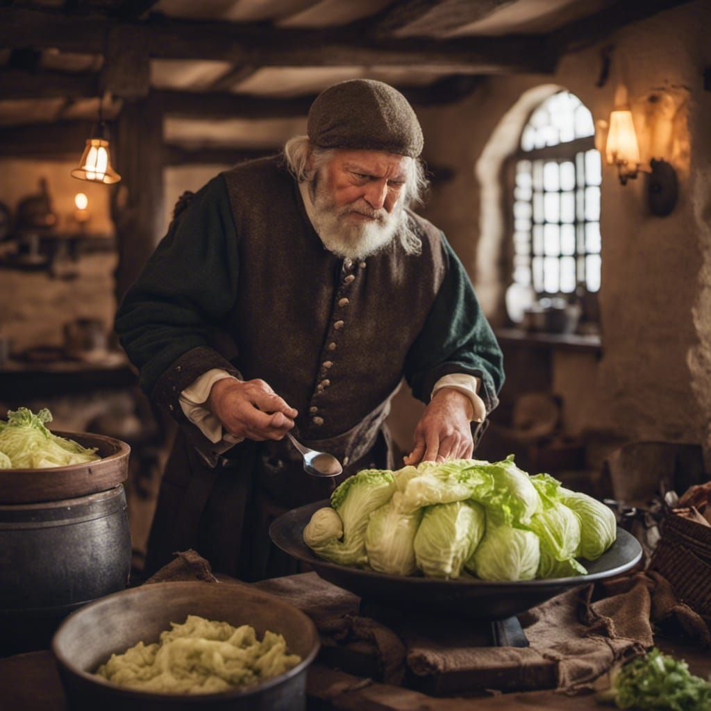 Medieval Inn Interior with Innkeeper Serving Cabbage