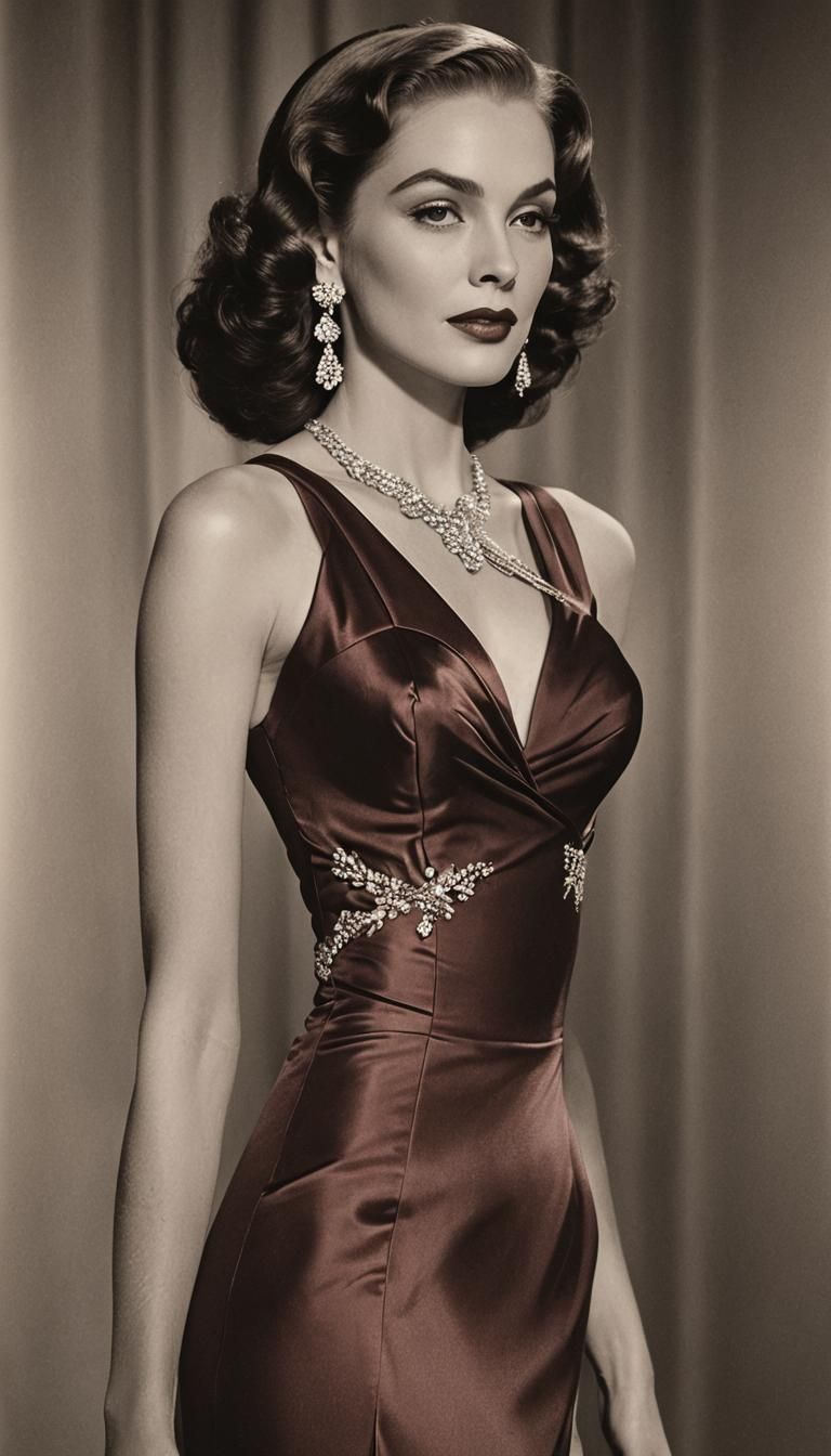 Elegant Woman in Red Satin Gown, Old Hollywood Style