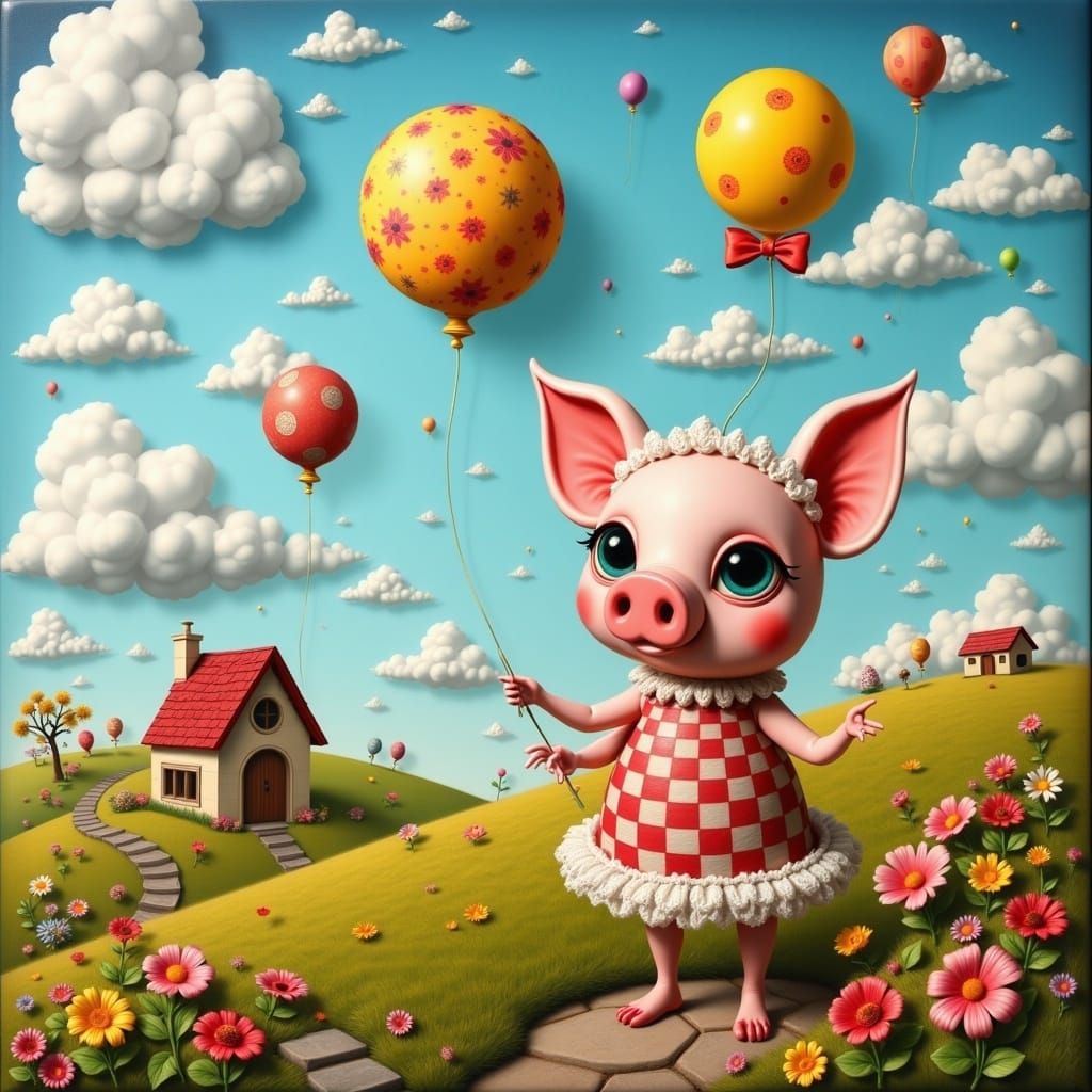Whimsical Farmhouse Scene with Cute PIG in Polka Dot Dress a...