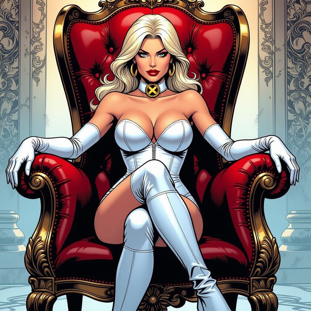 Emma Frost on Hellfire Club Throne in Comic Style