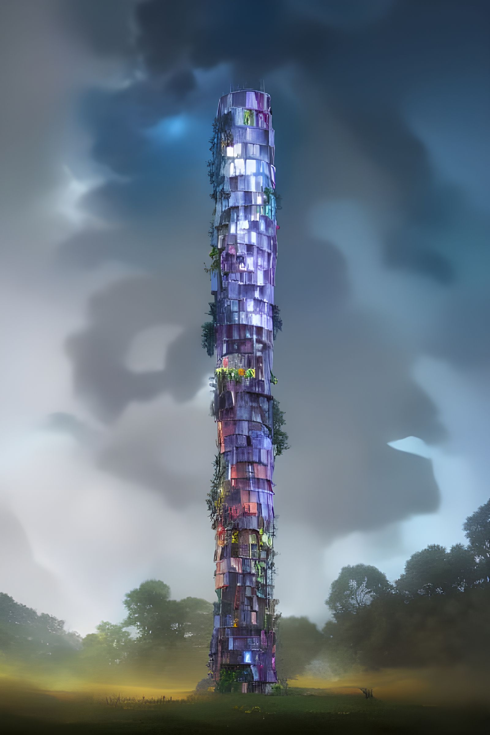 Cosmic Tower in Forest: Hyperdetailed Digital Illustration