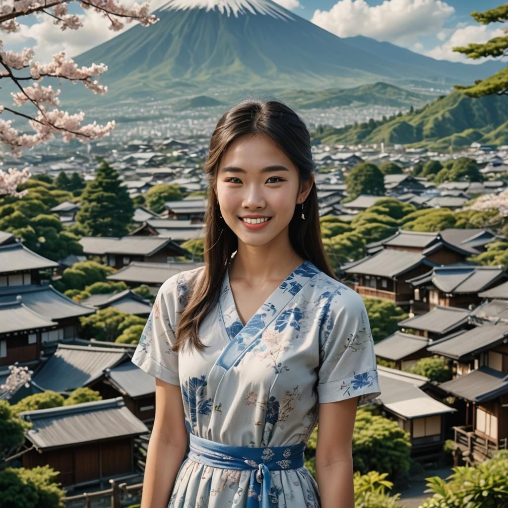 Asian Woman Portrait with Mount Fuji Backdrop