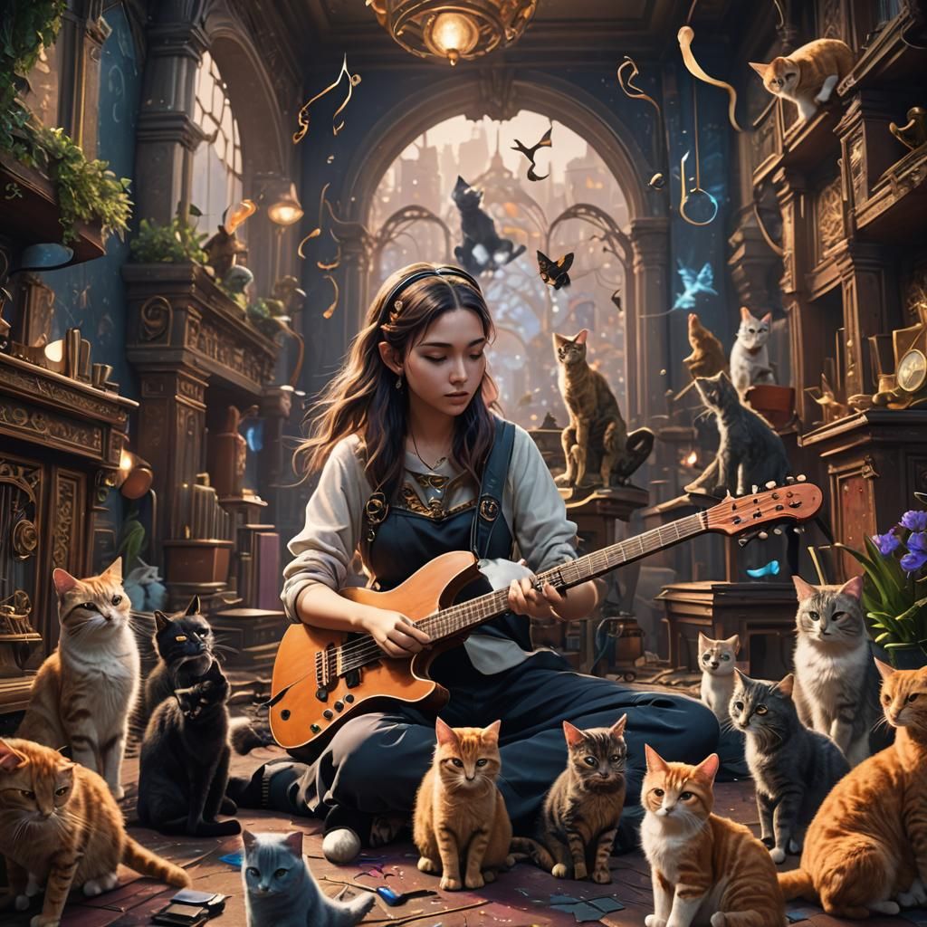Girl Composing Music with Cats: Detailed Matte Painting