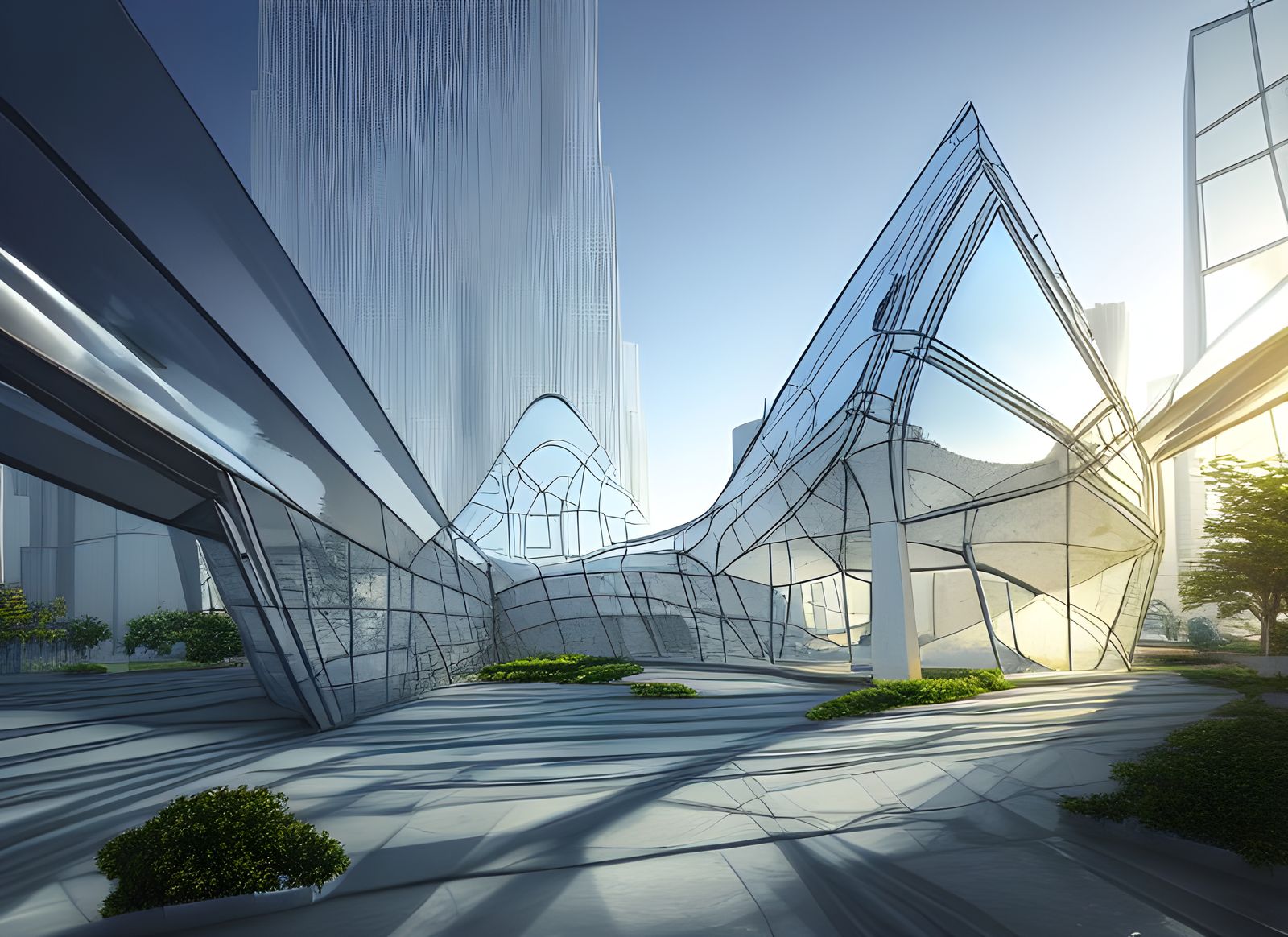 Futuristic Cityscape with Glass and Marble Architecture