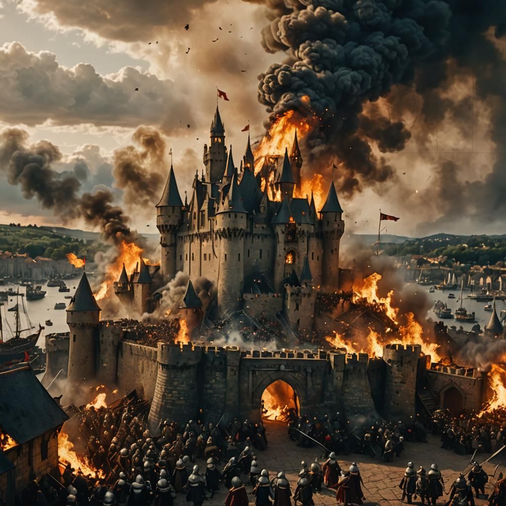 Medieval Castle Siege with Dragons: Cinematic Film Still