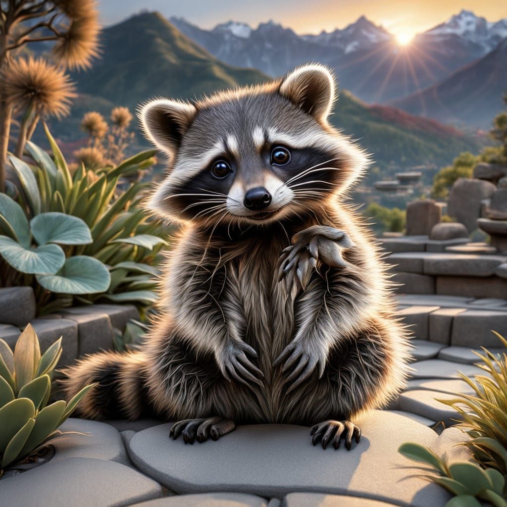 Whimsical Mountaintop Raccoon in Zen Garden Splendor