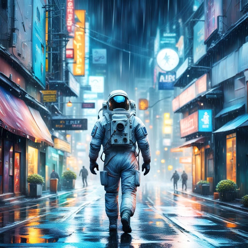 Astronaut Walks on Rainy Street: Hyperrealistic Splash Art