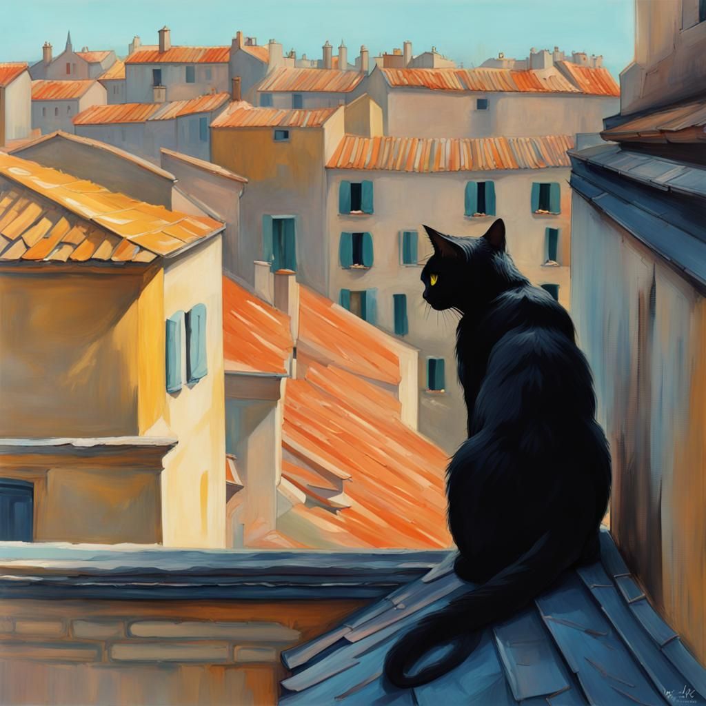 Hyperrealistic Black Cat Overlooking Arles Rooftop