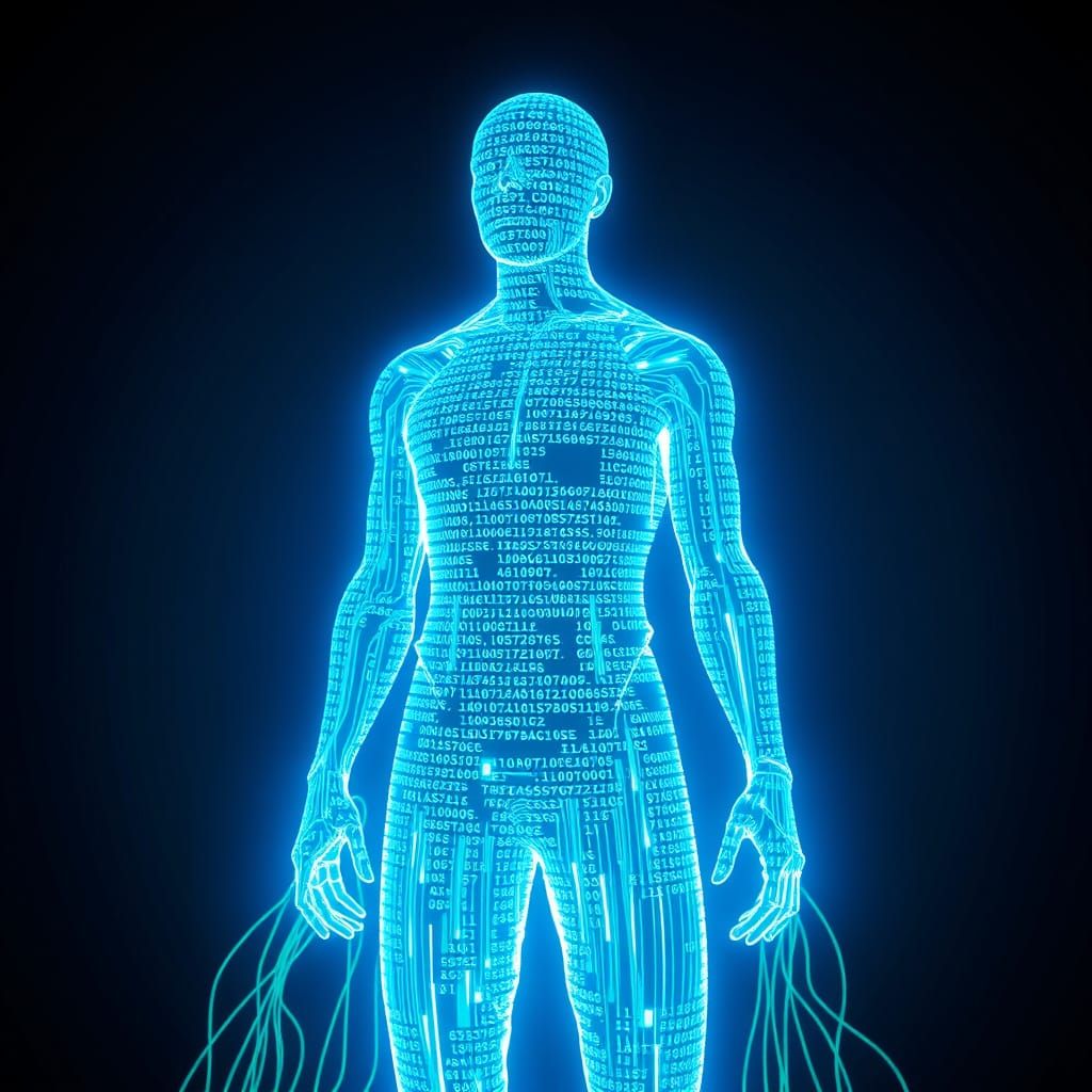Cyberpunk Figure Made of Glowing Code Lines