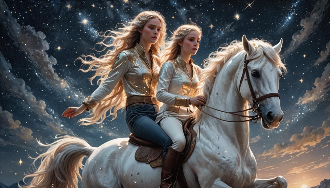 Woman Riding Centaur Horse in Starry Night