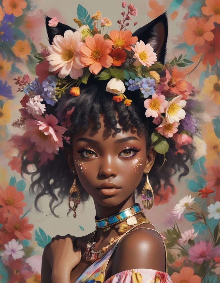 Melanin Neko Girl with Floral Adornments in Maximalist Style
