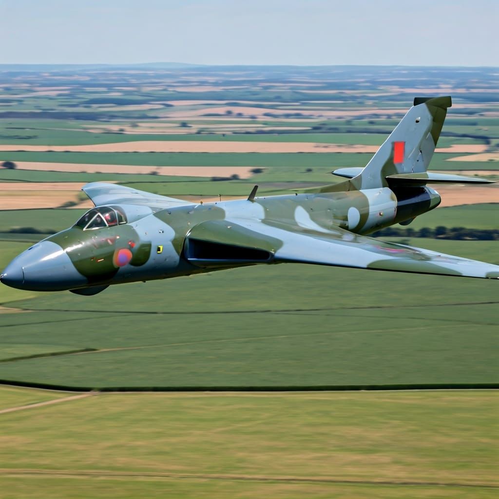 Avro Vulcan Bomber Flying Over Green Fields