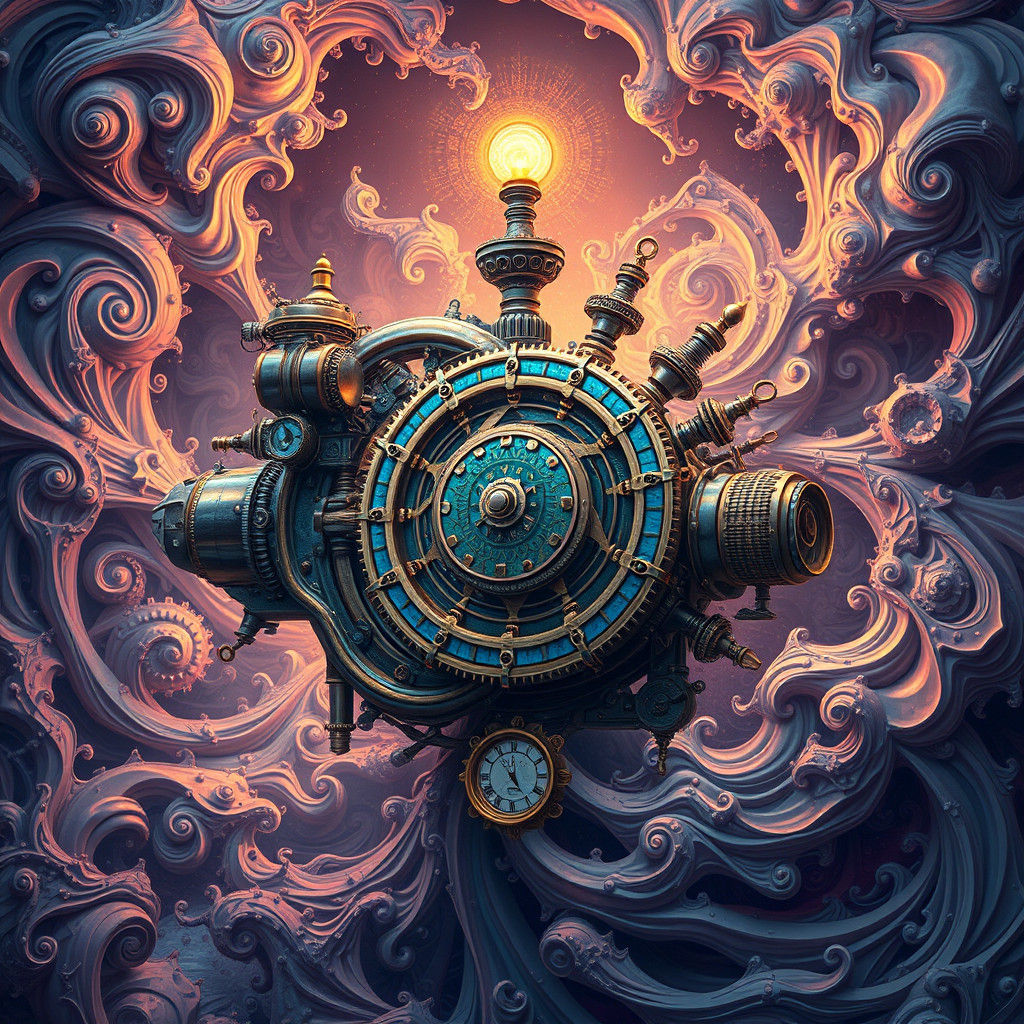 Mystical Steampunk Engine Amidst Fractal Patterns