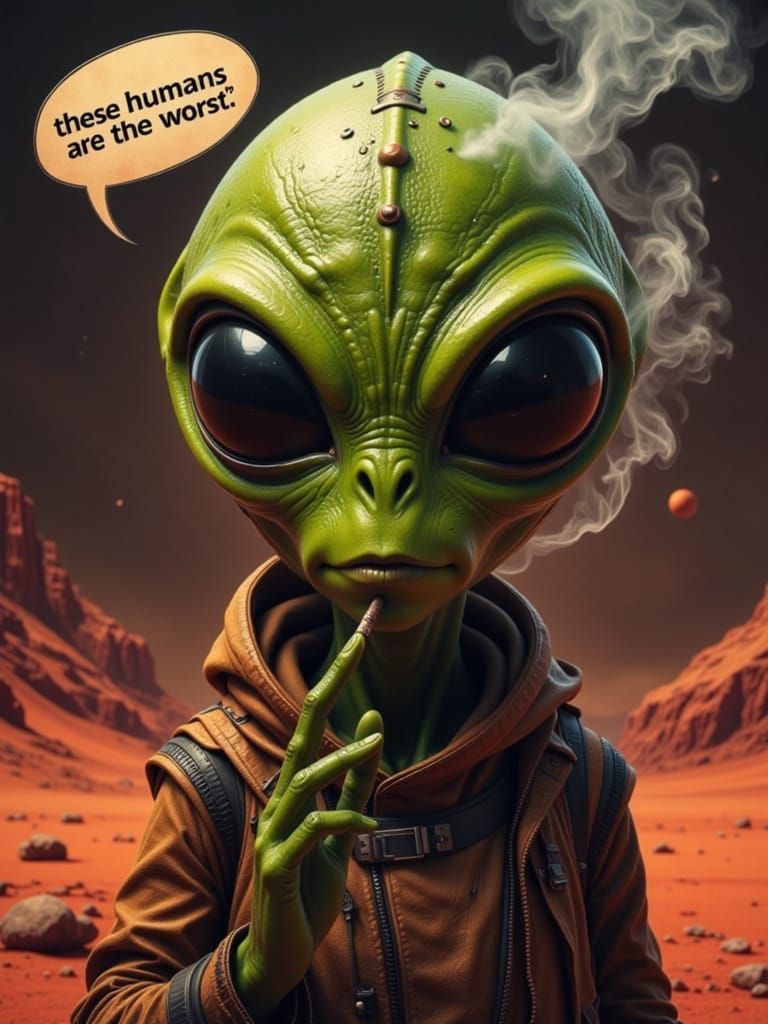 Green Alien Smokes Joint on Mars