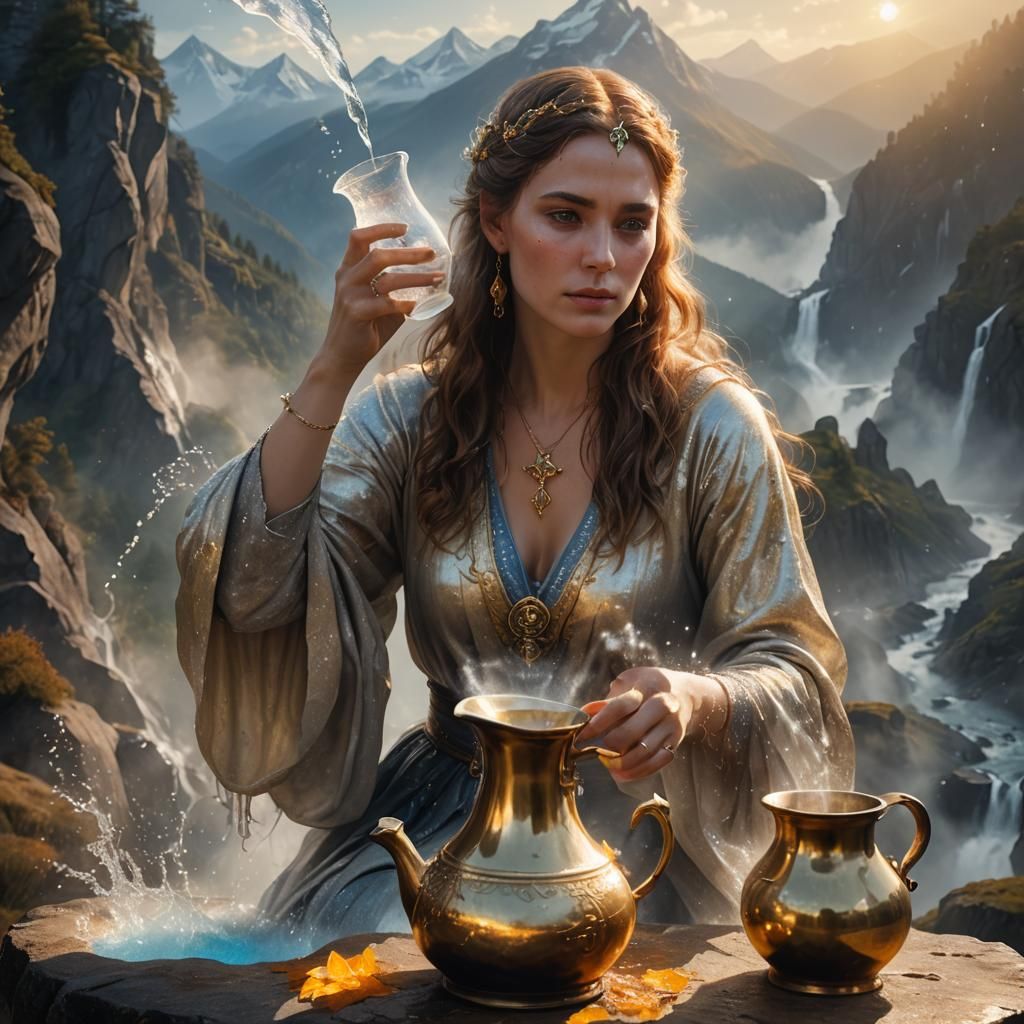 Surreal Sorceress Pouring Water at Mountain Peak