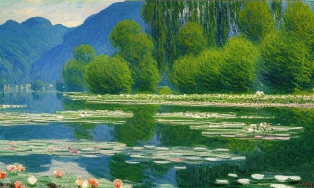 Lakeside Landscape Painting in Impressionistic Style