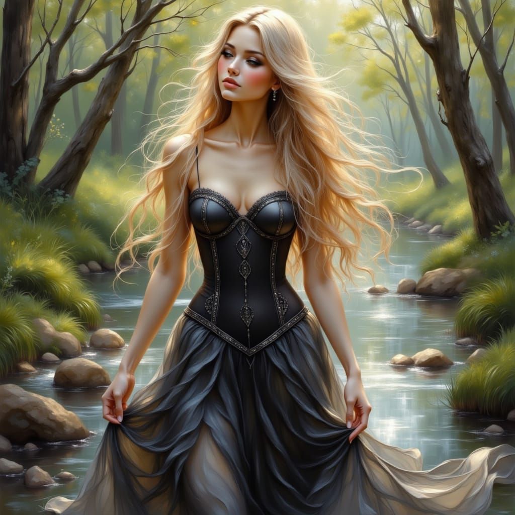 Elegant Woman in Corset Dress in Spring Wood
