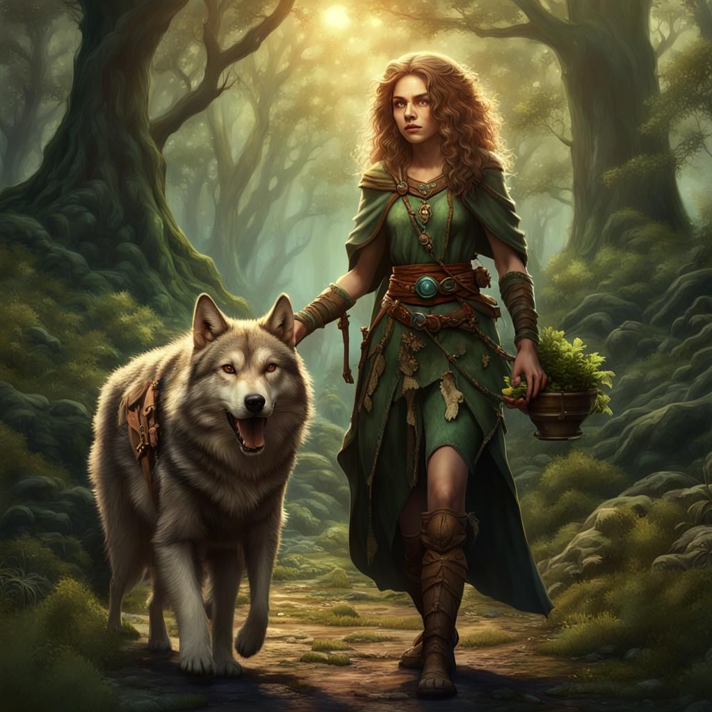 female wood elf Druid, light brown curly hair, holding a magic plant staff with a small potion bottle tied to her belt, ...