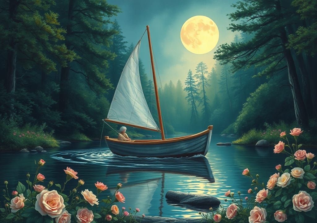 Moonlit Sailboat on Forest Stream, Romantic Style