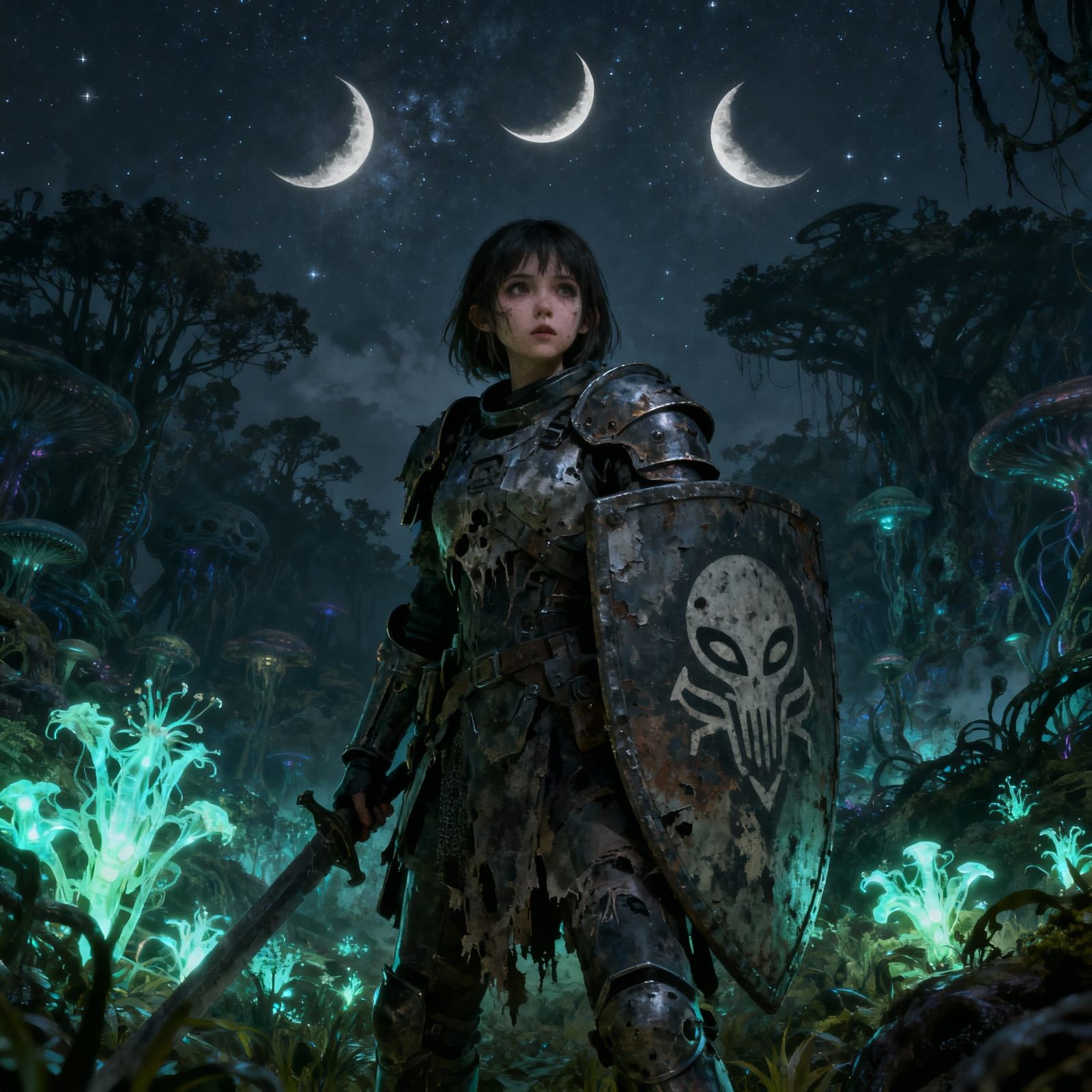 Macabre Soldier Girl on Alien Planet in Mystical Forest