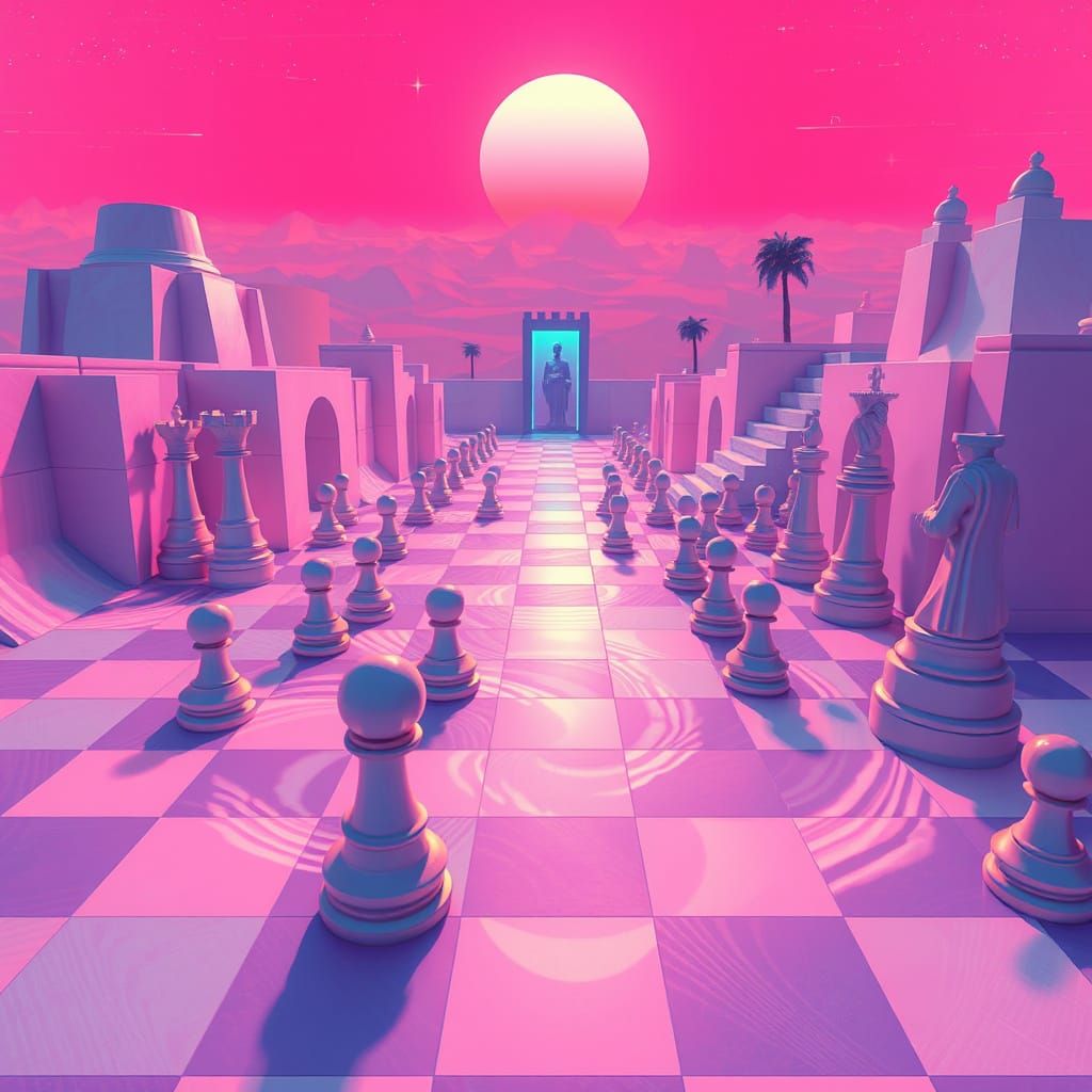 Vaporwave Chessboard World with Impossible Geometry