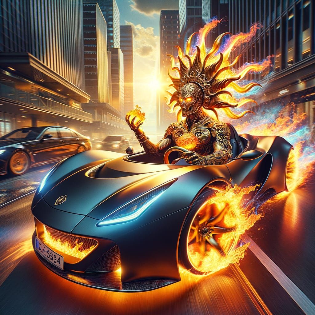 Epic Warrior Drives Flame-Touched Supercar Through City