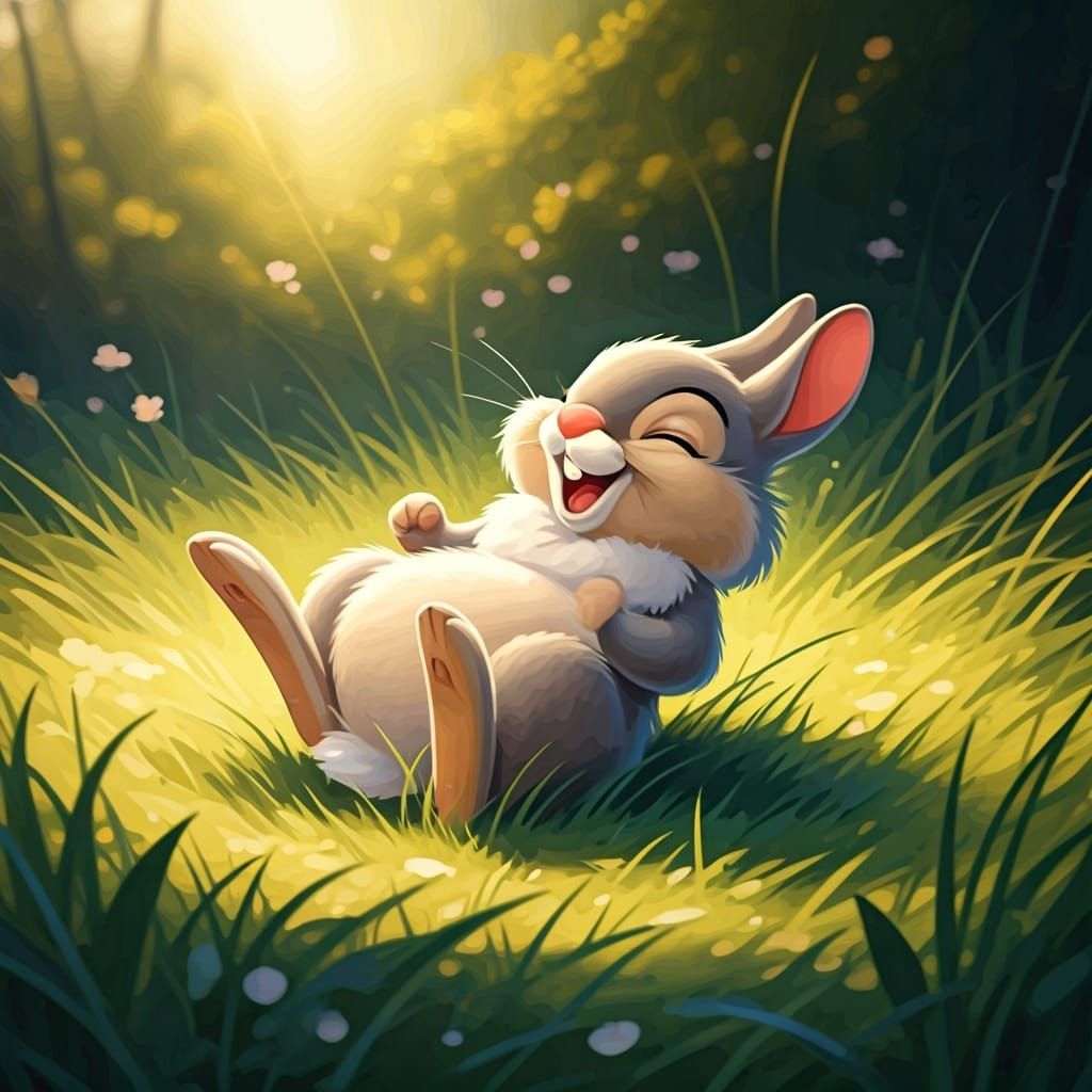 Thumper Laughing in Meadow, Whimsical Art Style