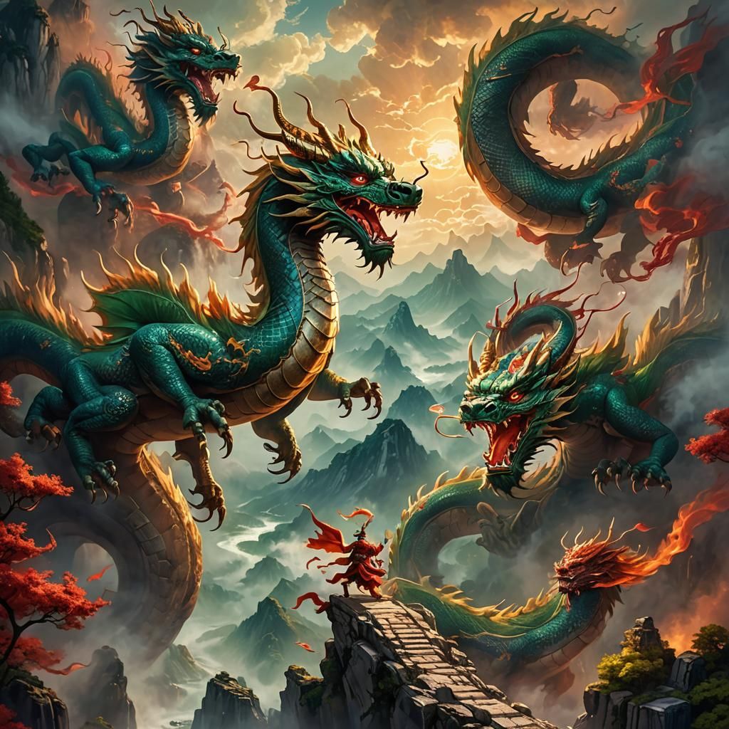 Chinese Dragons Soaring Through Misty Mountains