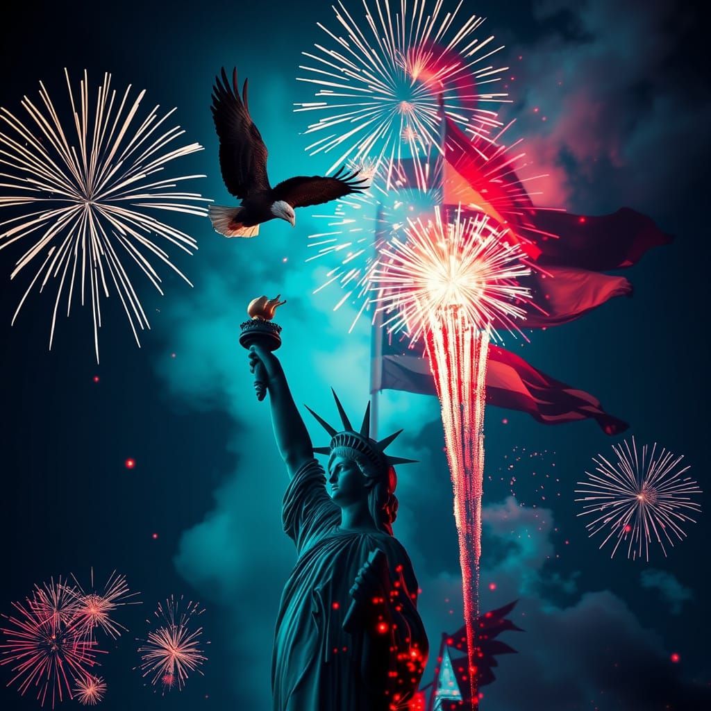 Statue of Liberty with Eagle in Double Exposure Style