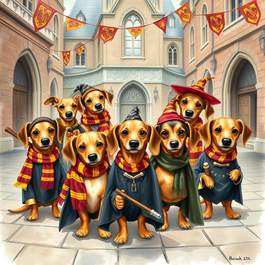 Magical Dachshunds in Hogwarts Whimsy
