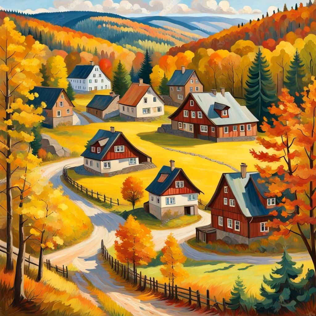 German House in Autumn, Van Gogh Style Painting