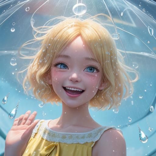 Joyful Girl Catches Raindrops: Vibrant 3D Anime Art