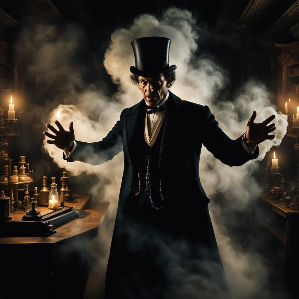 A dynamic SDXL double exposure image of Dr. Jekyll transforming into Mr. Hyde in a swirl of mist and darkness. His body ...