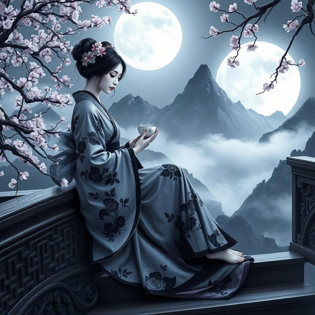 Japanese Princess in Moonlit Mountain Landscape